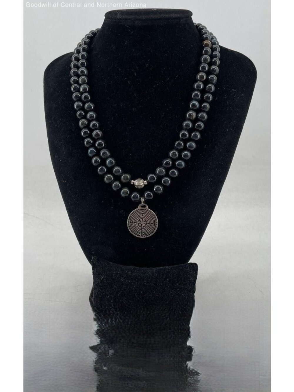 Sterling Silver Black Tiger's Eye Double Strand Labyrinth Pendant Necklace 36"